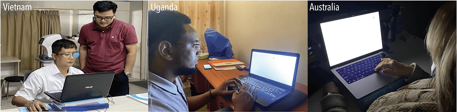 Images of people in different countries doing the online Eyeonic glaucoma test. 